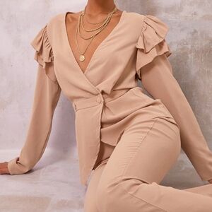 Pretty Little Thing Camel Ruffle Shoulder With Peplum Hem Blouse Size 8
